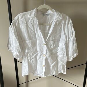 Zara White Button-Up Linen Blouse